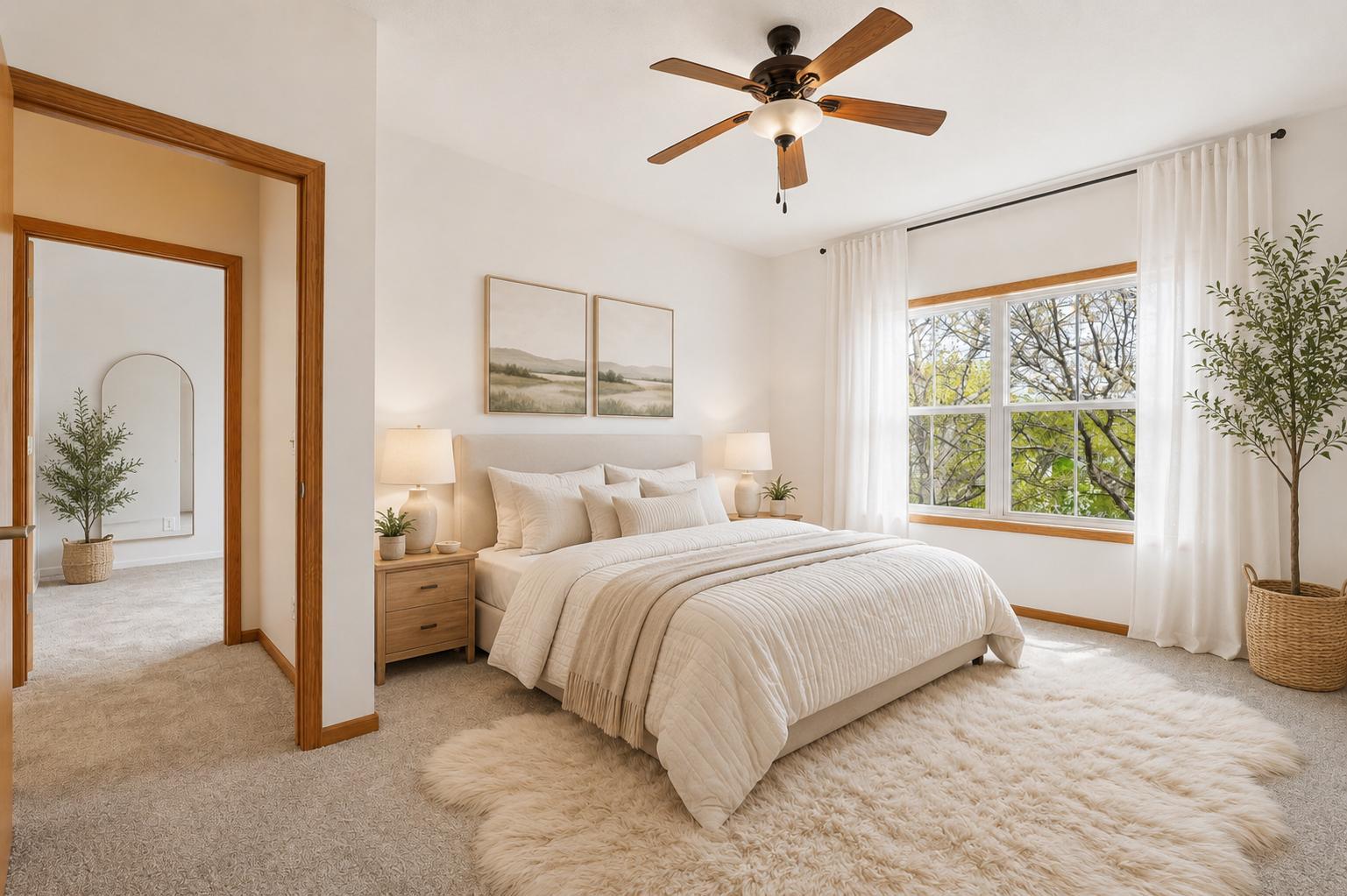 Primary Bedroom on Upper Level with views of the pond. Virtual Staging