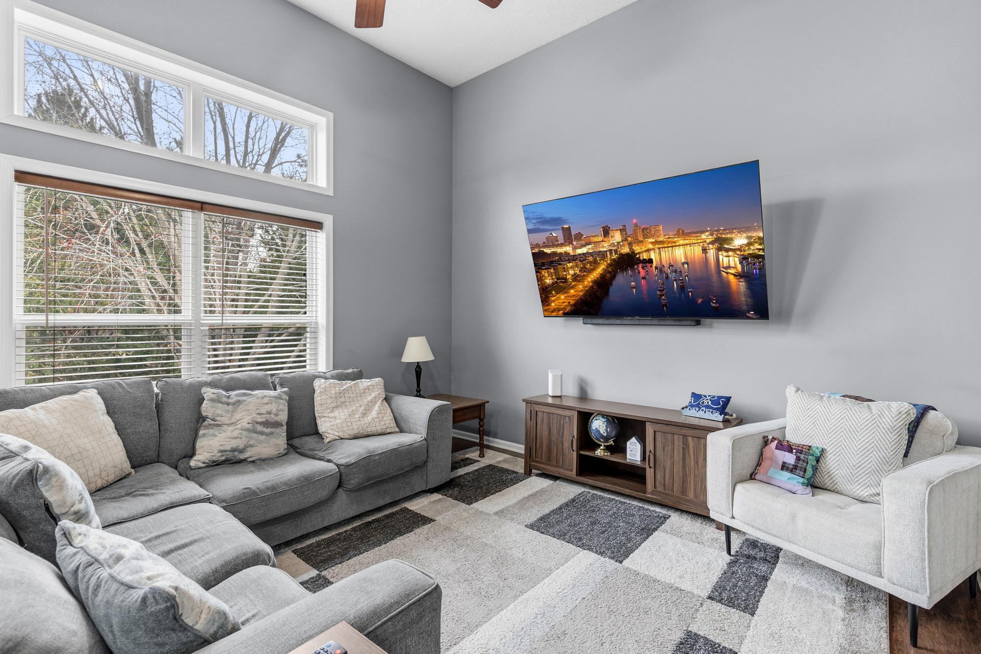 The living room has wonderful natural light.