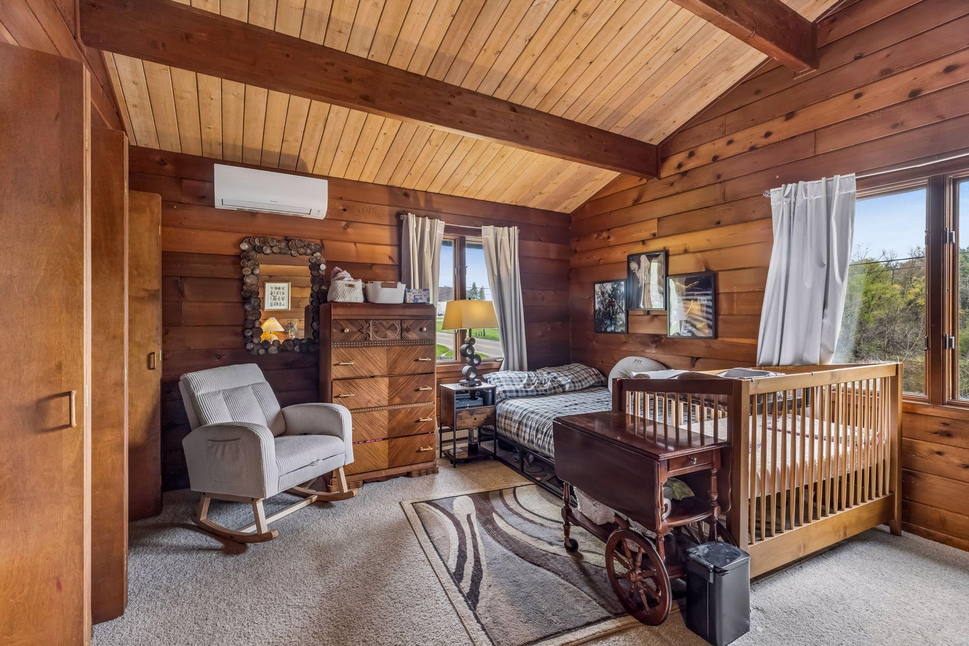 The half story includes two bedrooms and a full bath.