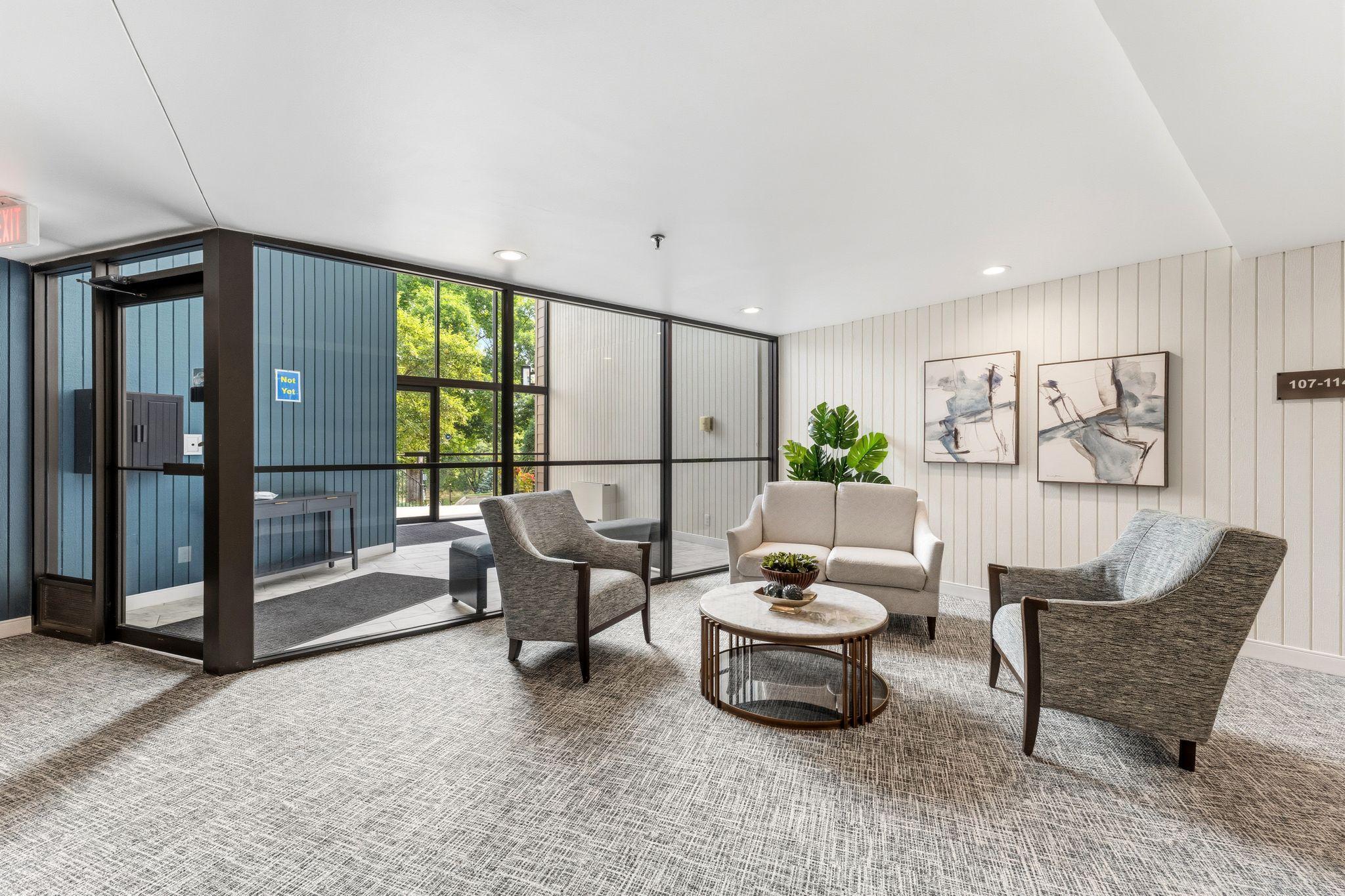 The lobby features a sitting space to welcome visitors.