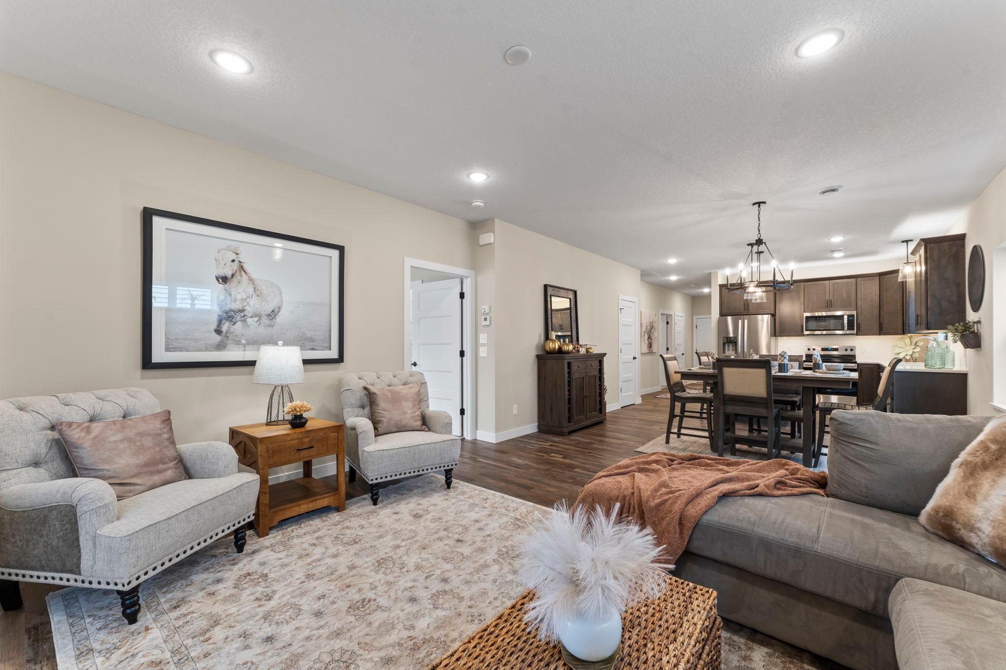 View from in front of the sunroom looking back. The nine foot ceilings make our homes look spacious and elegant.