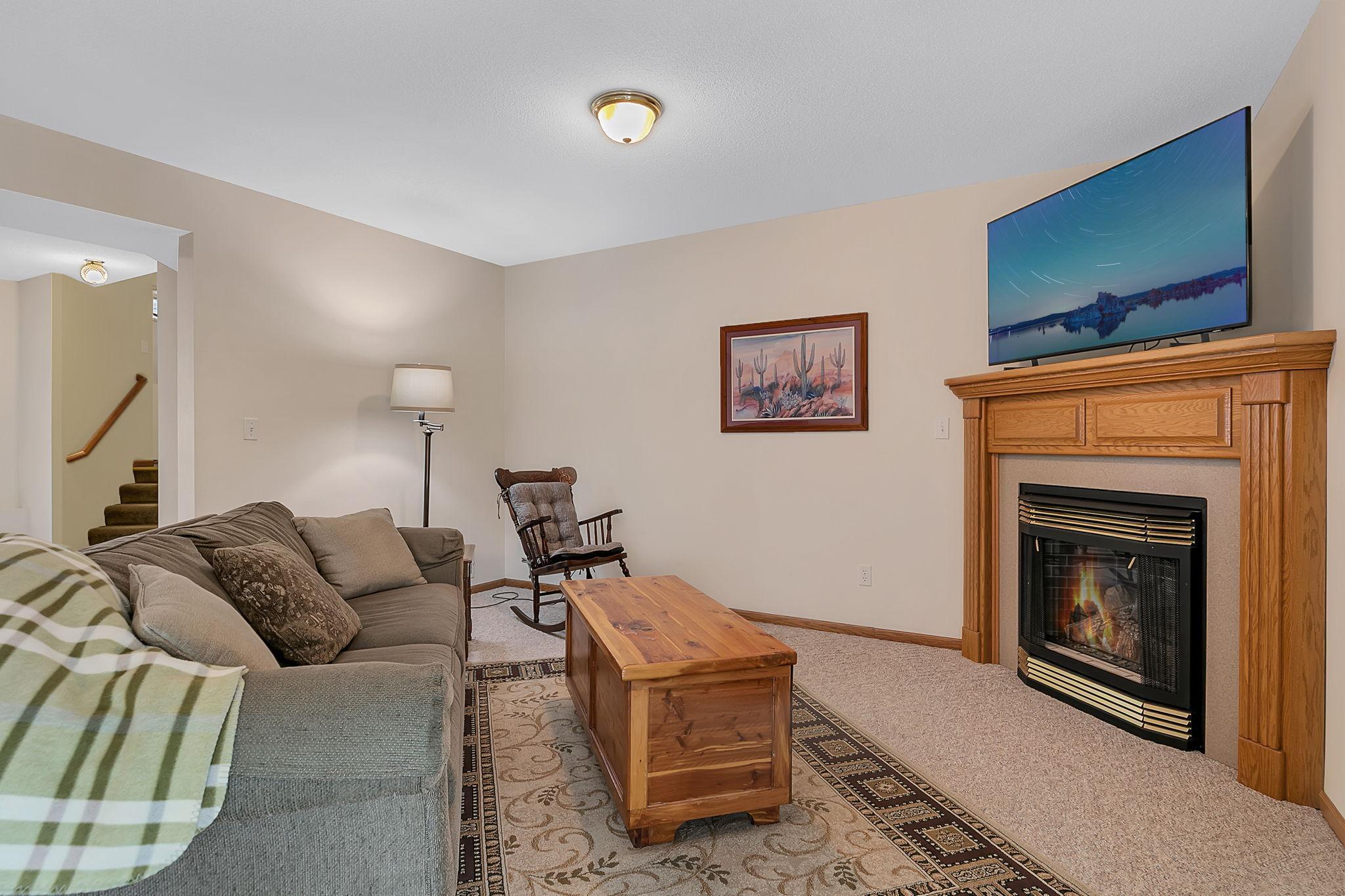 Fireplace creates a warm ambiance.