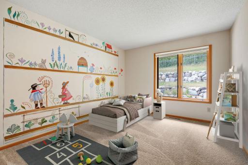 1. A charming wall mural adds a touch of classic storybook whimsy to this bedroom.