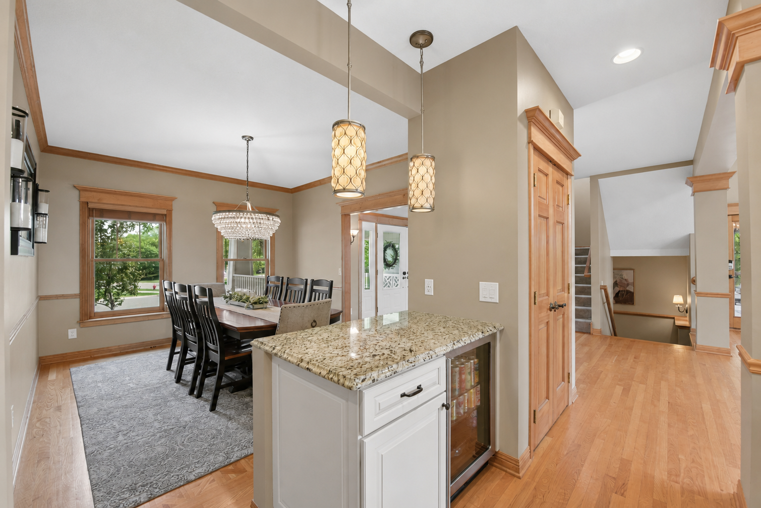 Drink fridge and landing space between kitchen and dining area