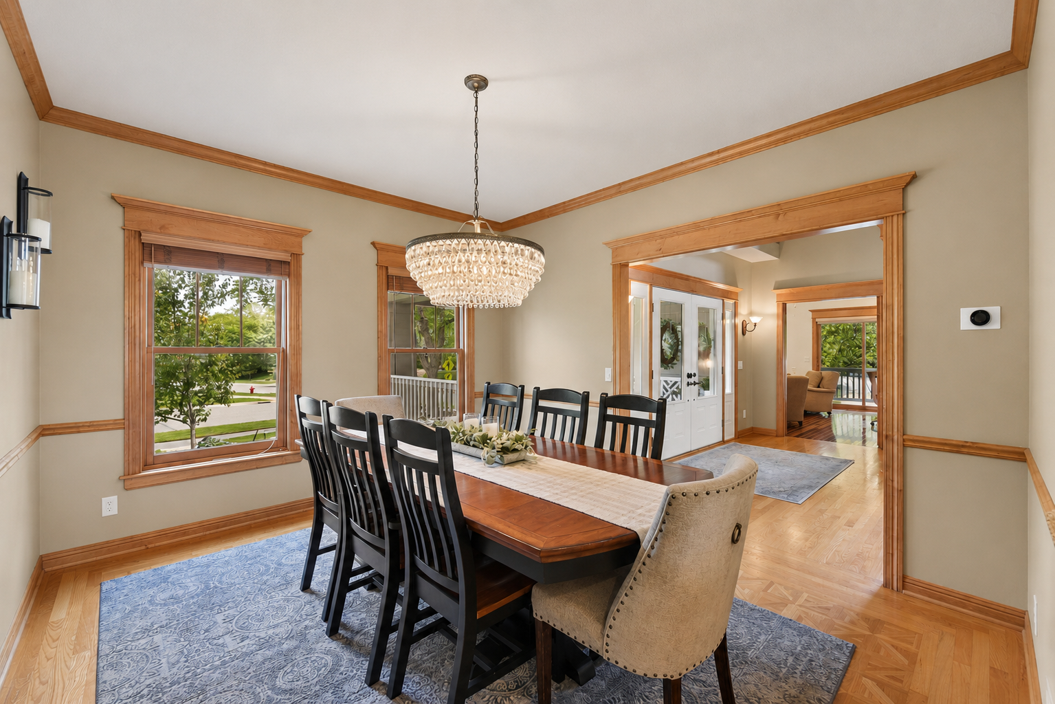Spacious formal dining room with beautiful chanderlier
