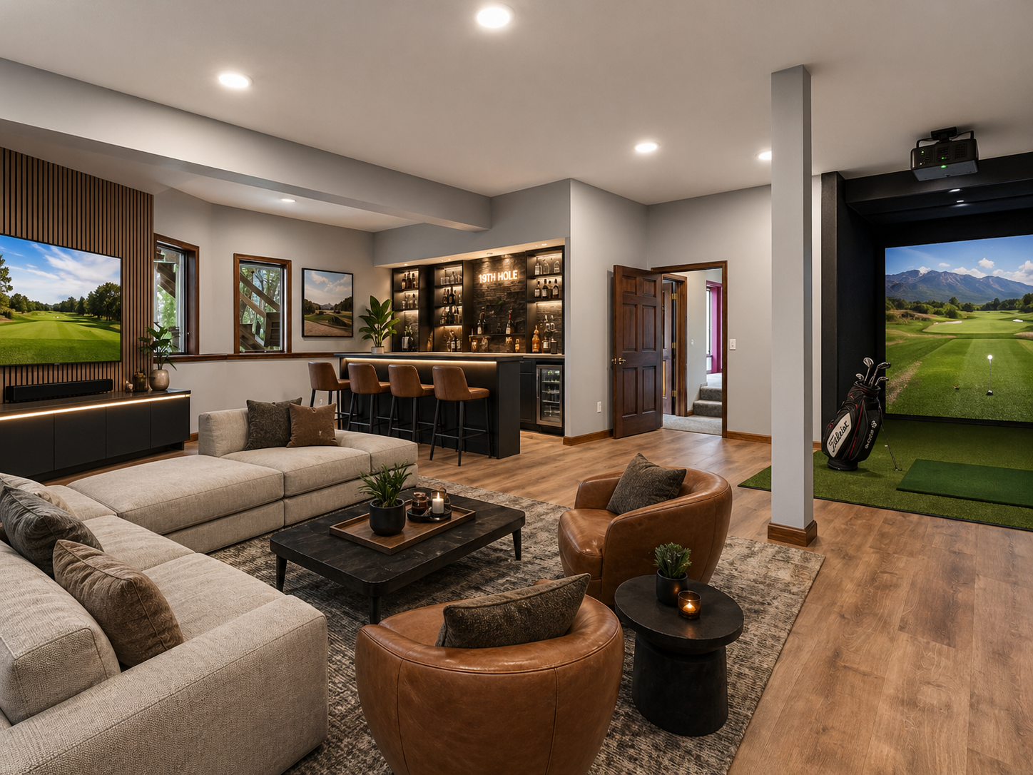 Bonus room virtually staged with a golf simulator, bar and TV viewing area - this would also be a great space a billiard table.