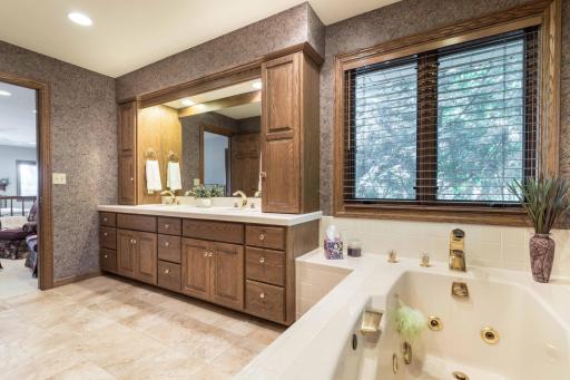 Large Primary bath suite with Jetted Tub duel vanity and lots of windows for natural lighting.
