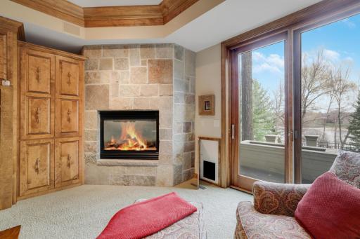 Notice to the right of the gas fireplace is a doggy door for you pet to roam the rear fenced yard.