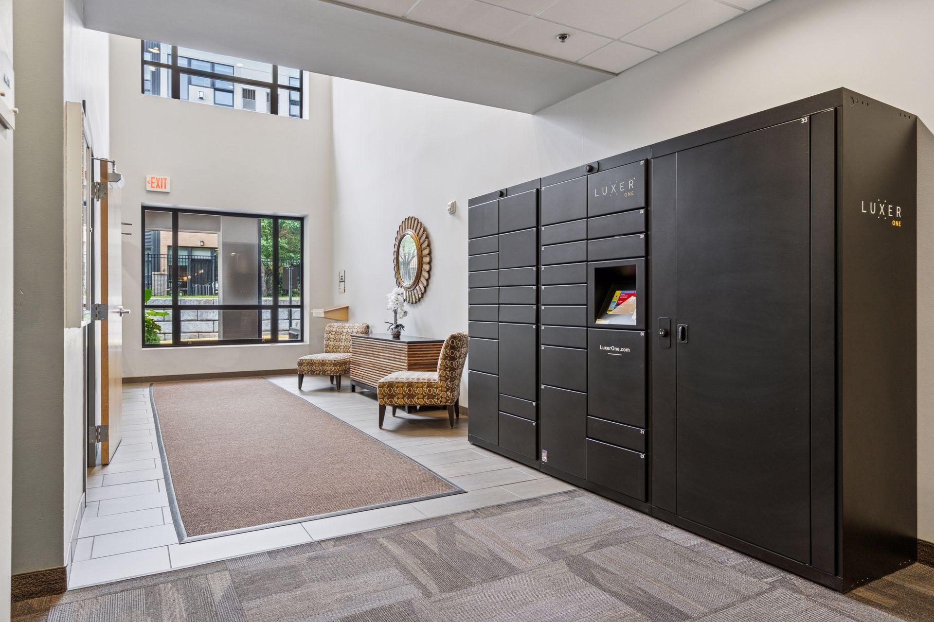 Secure package lockers in the lobby for deliveries.