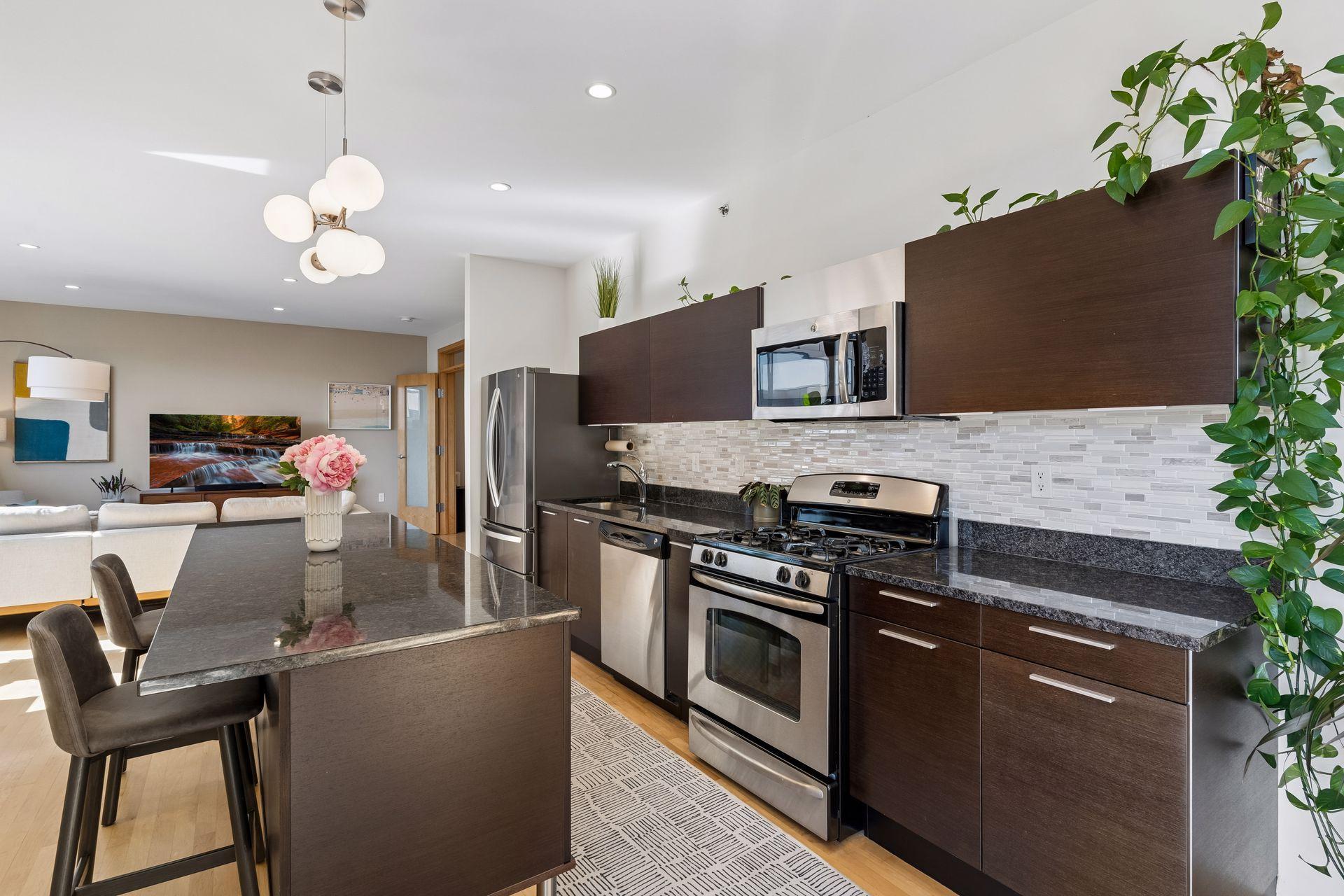 The kitchen is filled with diffused natural light.