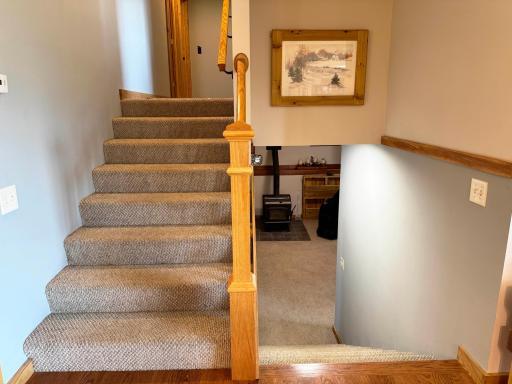A shot of the stairs going up to the bedrooms and bathroom on the left and down to the family room on the right.