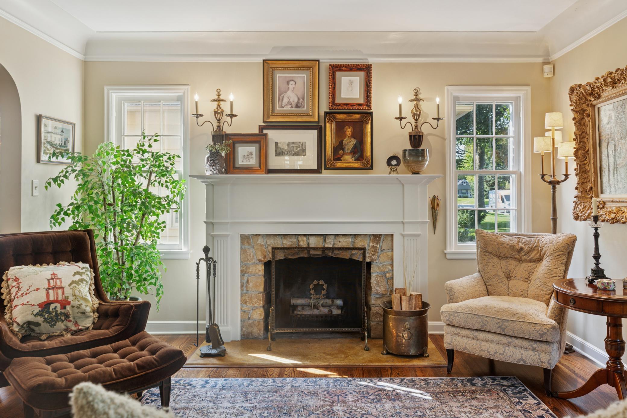 Cozy wood burning fireplace