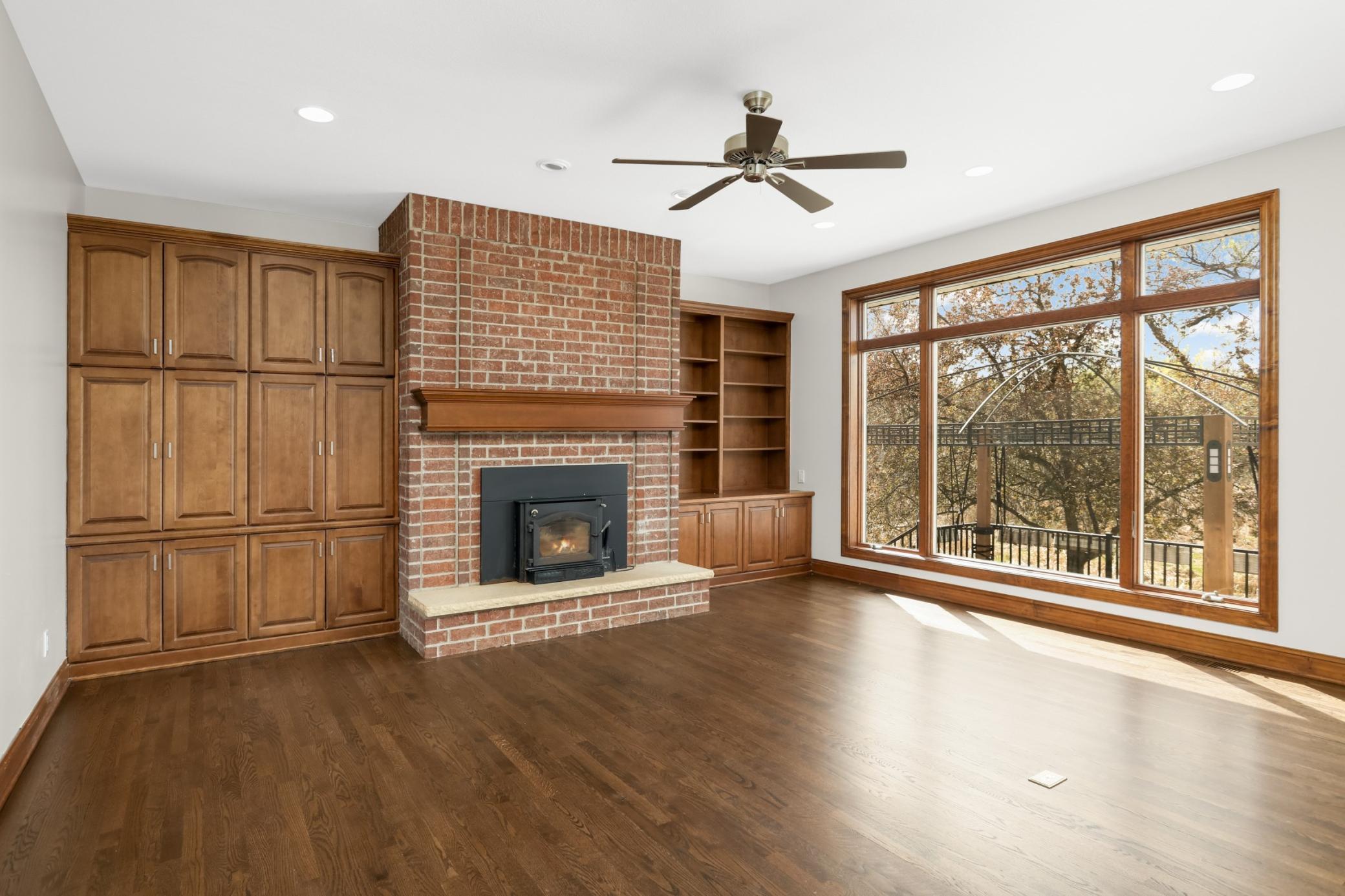 Cozy family room with wood-burning fireplace