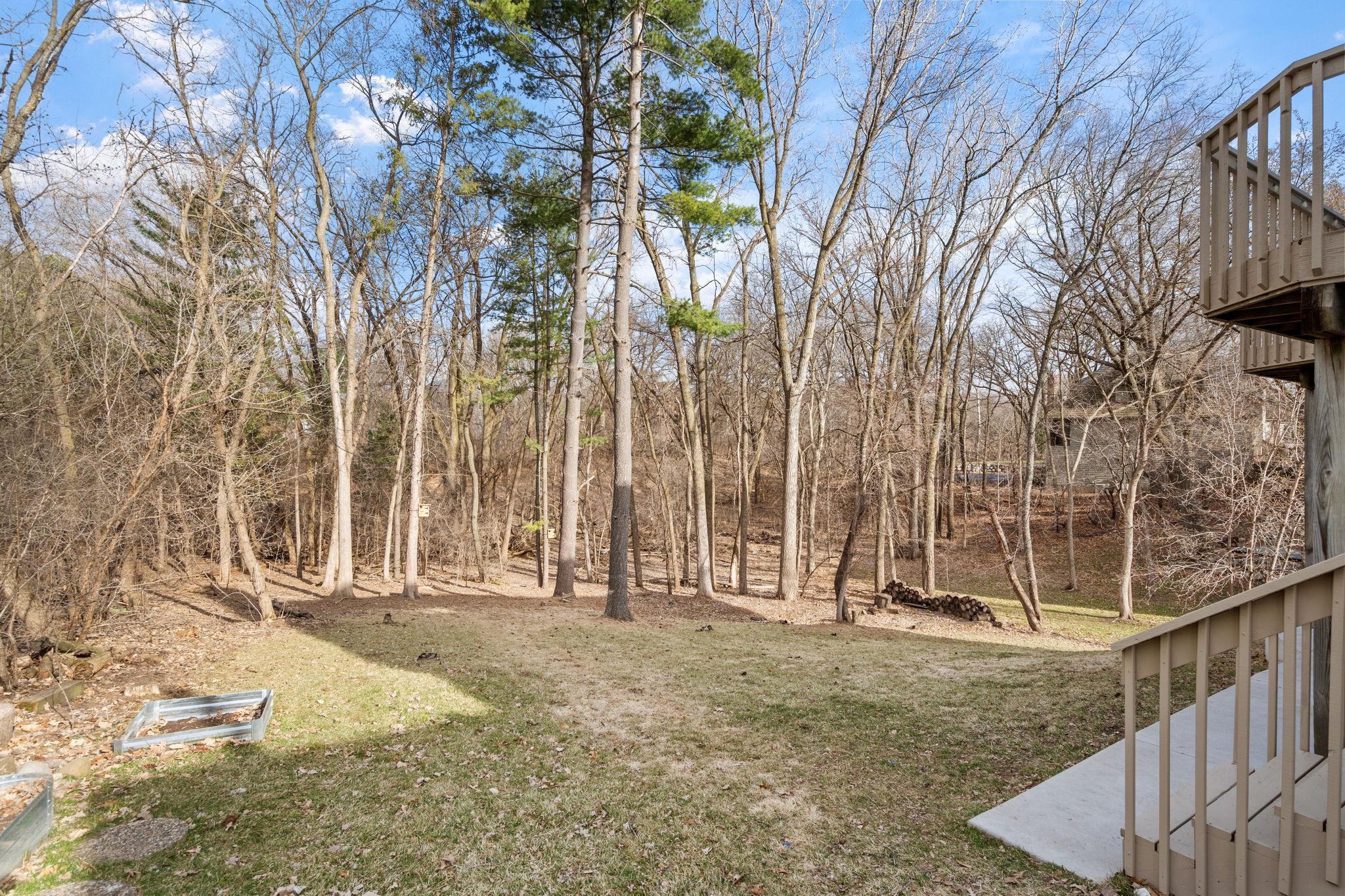 Private backyard with mature trees. Expansive tree work completed to add backyard lawn in 2023