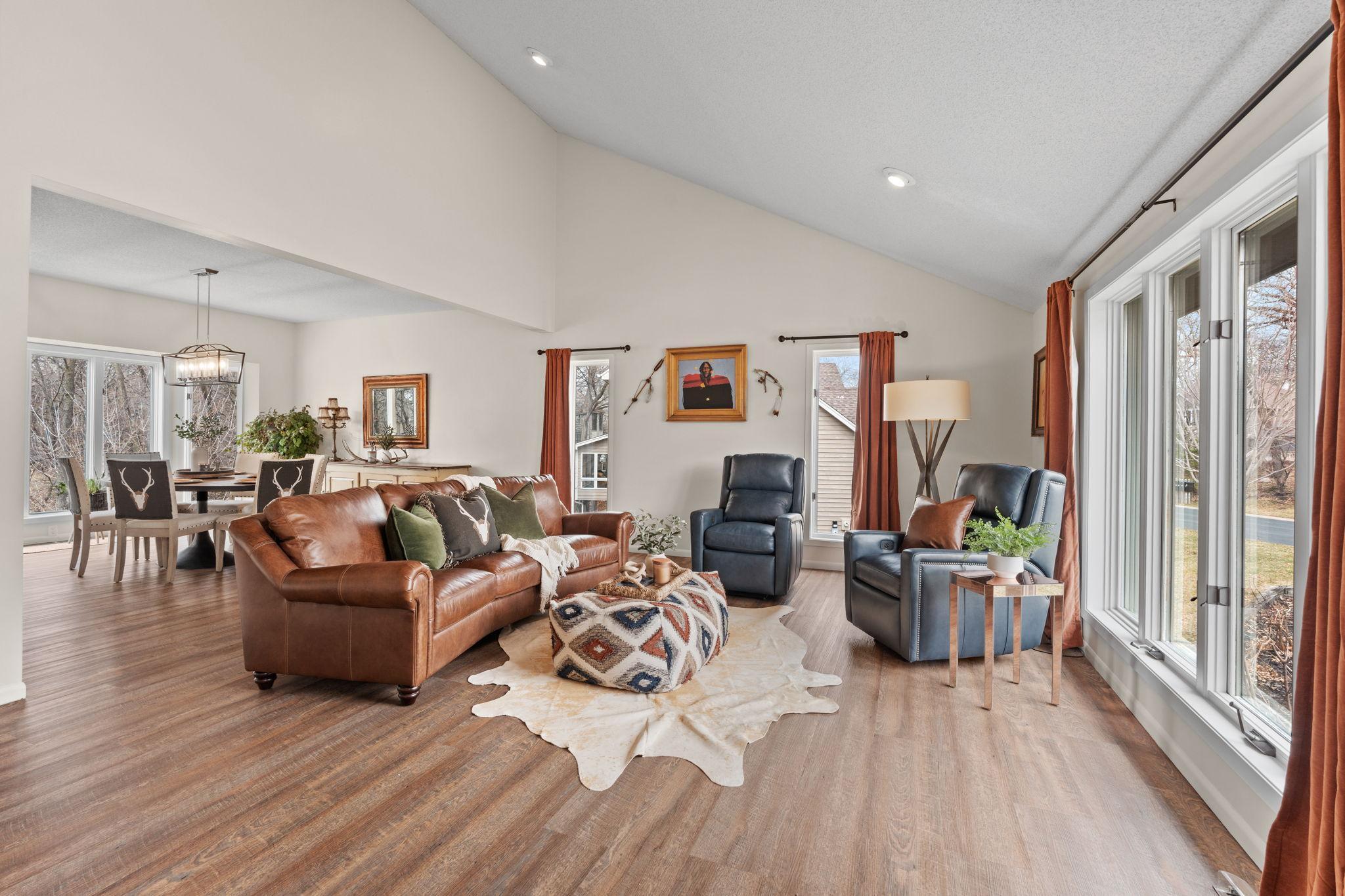 Gorgeous vaulted ceilings with new painted trim.