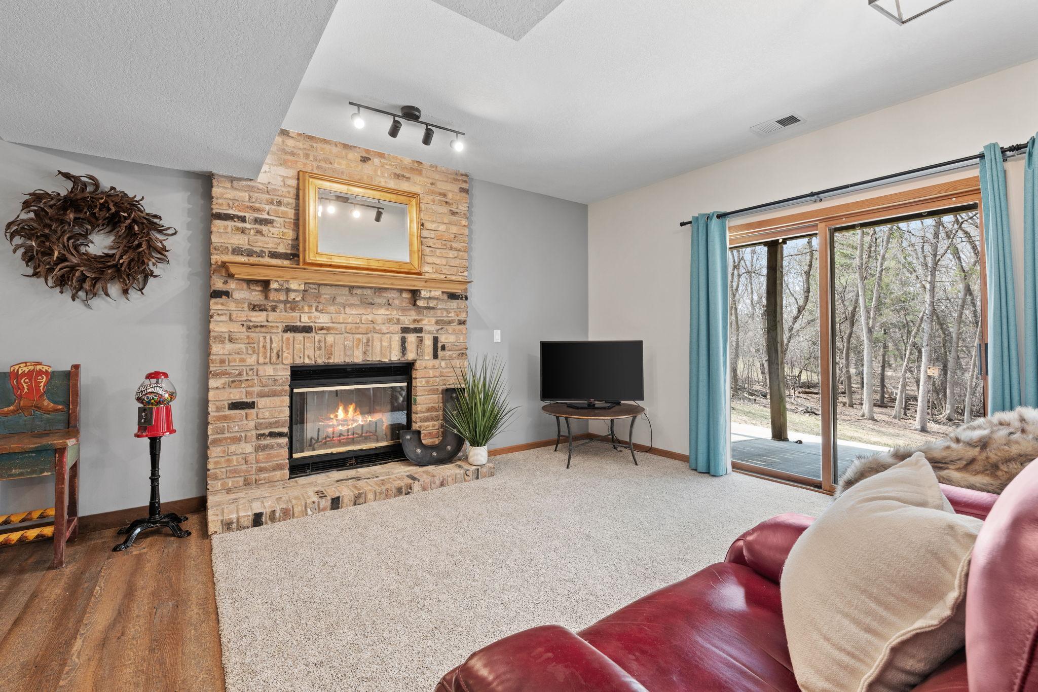 Brick fireplace in the lower level