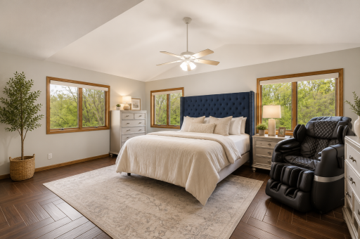 Virtual staging-Primary bedroom with vaulted ceilings and views of the backyard, check out all those windows!