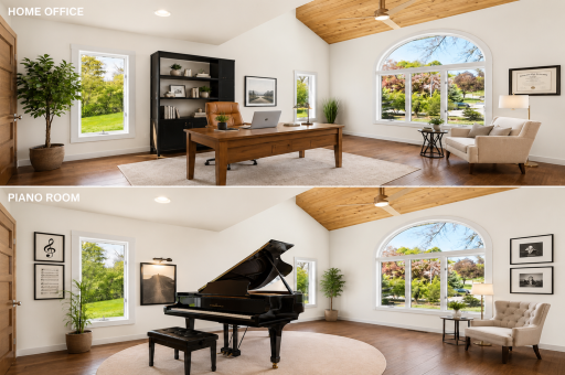 Gorgeous front room has vaulted ceilings, shown in white-room is currently a different color.