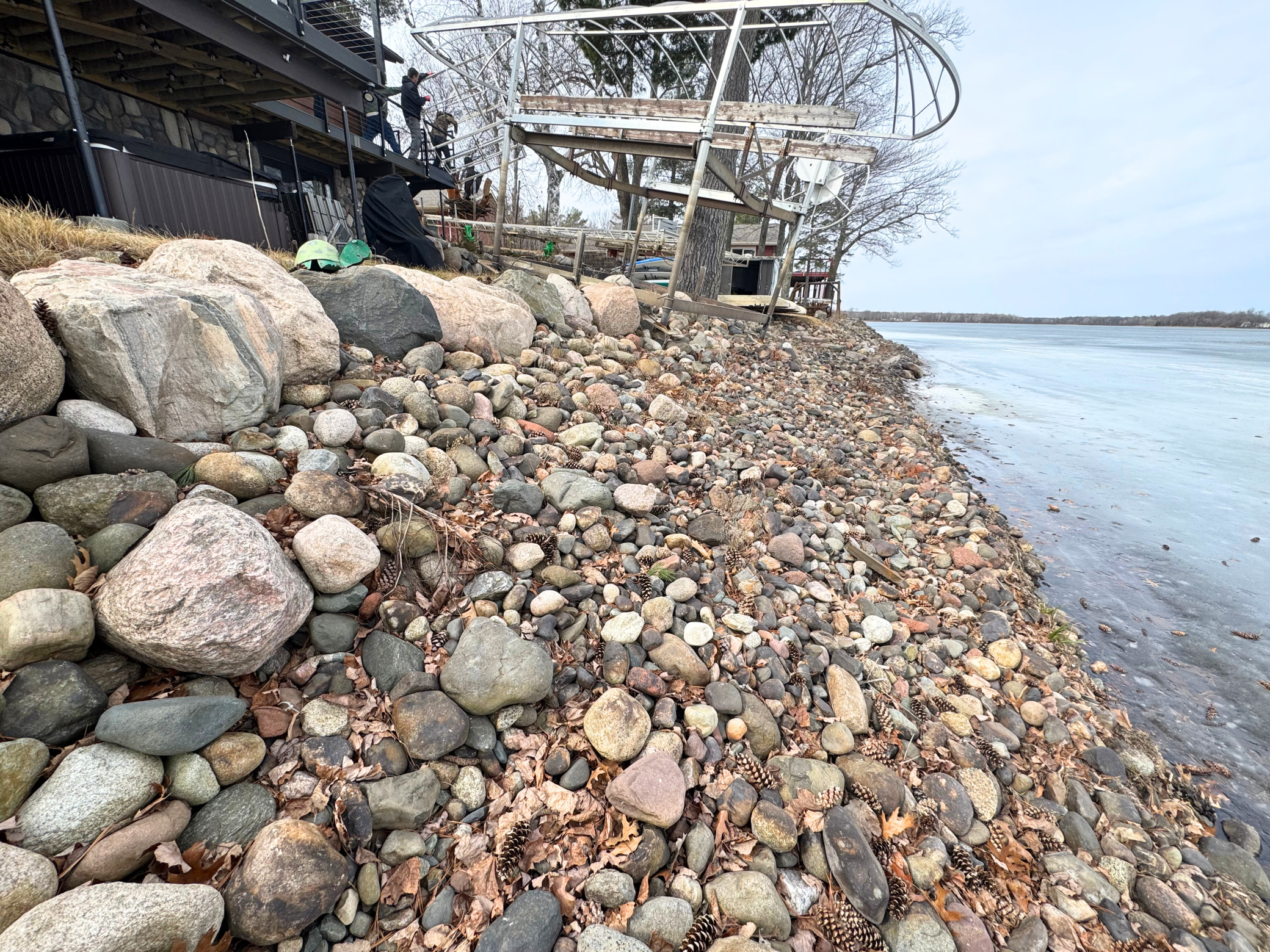 Shoreline, view of covered patio and hot tub.