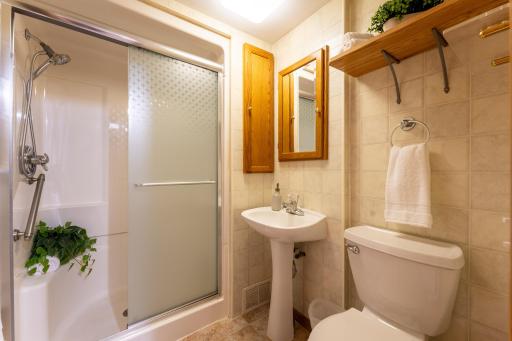 3/4 bathroom on the lower level. Room dimensions are 7.5x5 ft.