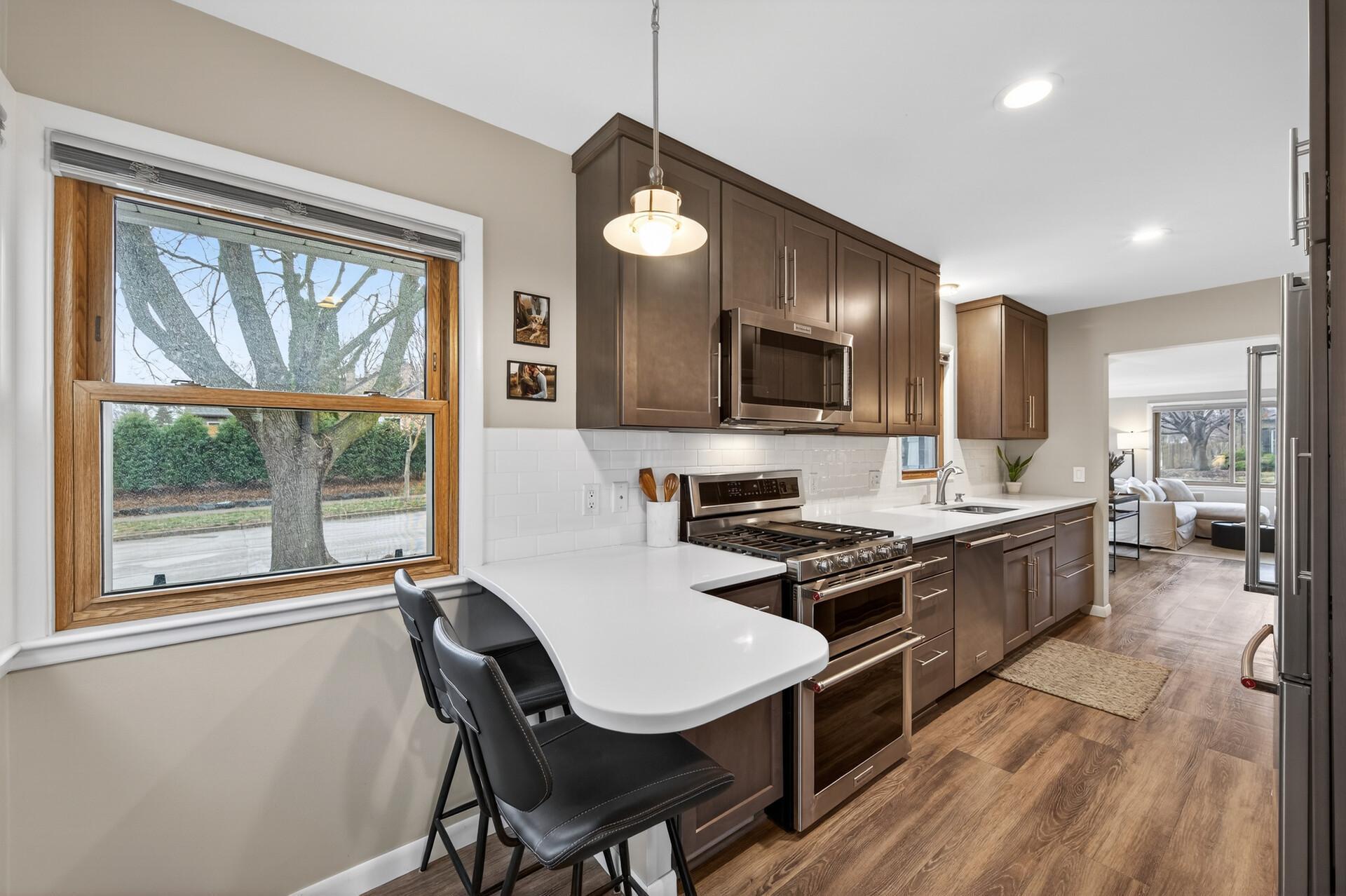 Counter seating at the end.