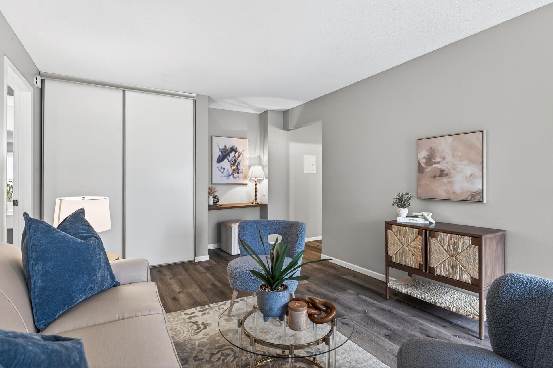 The living room has a large closet for extra storage