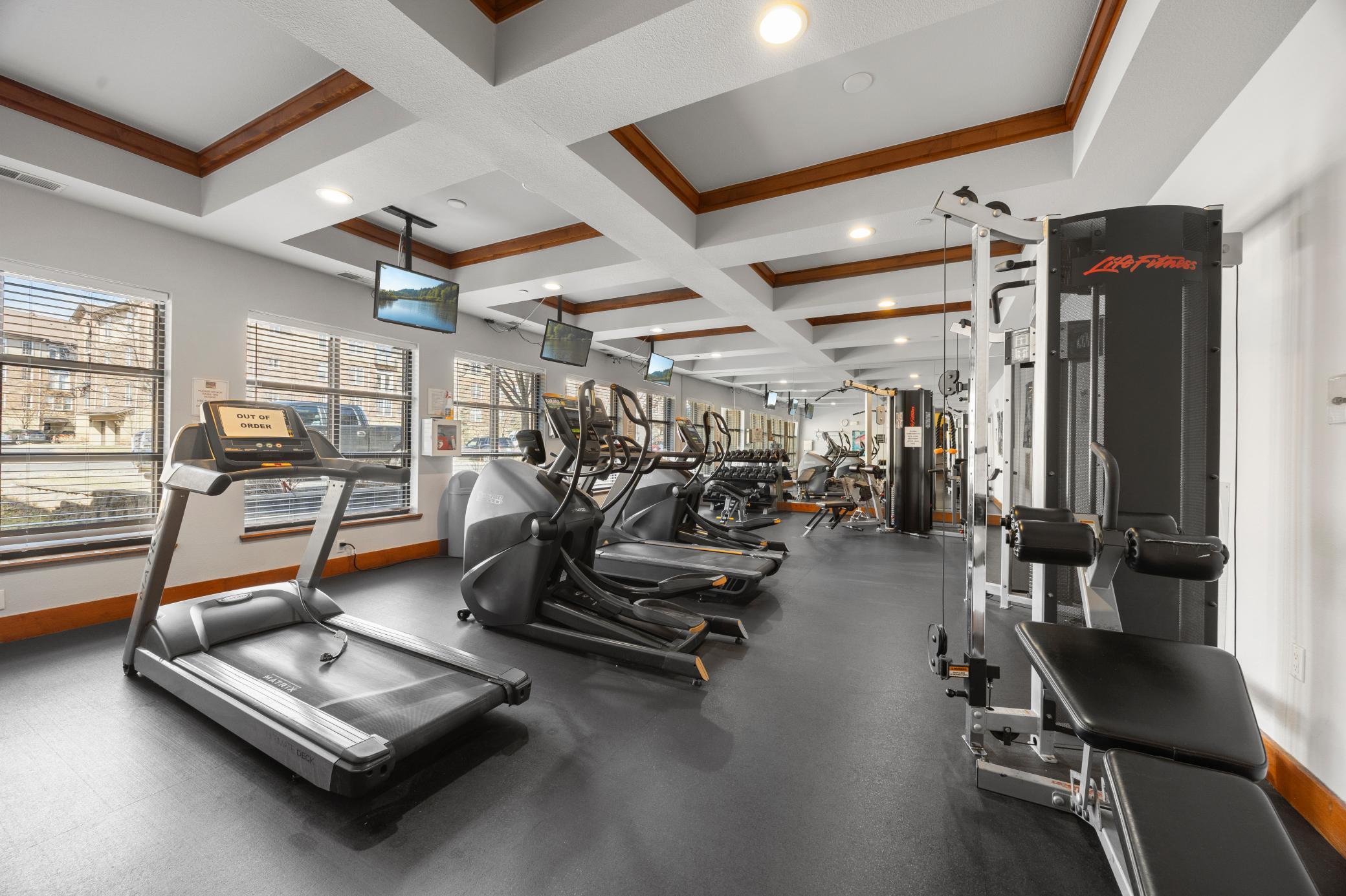 Check out all the modern exercise equipment - no need to have a gym membership - it's already included in your HOA dues.