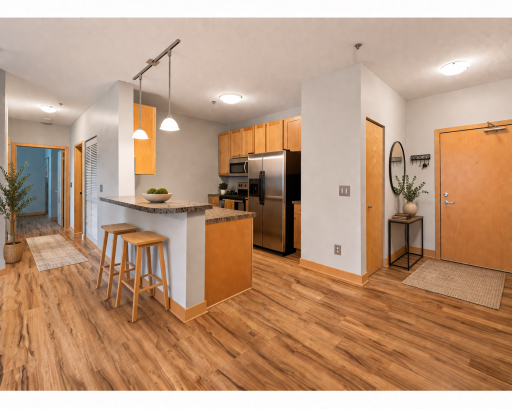 Front door with coat closet, open to kitchen and living room! virtually staged