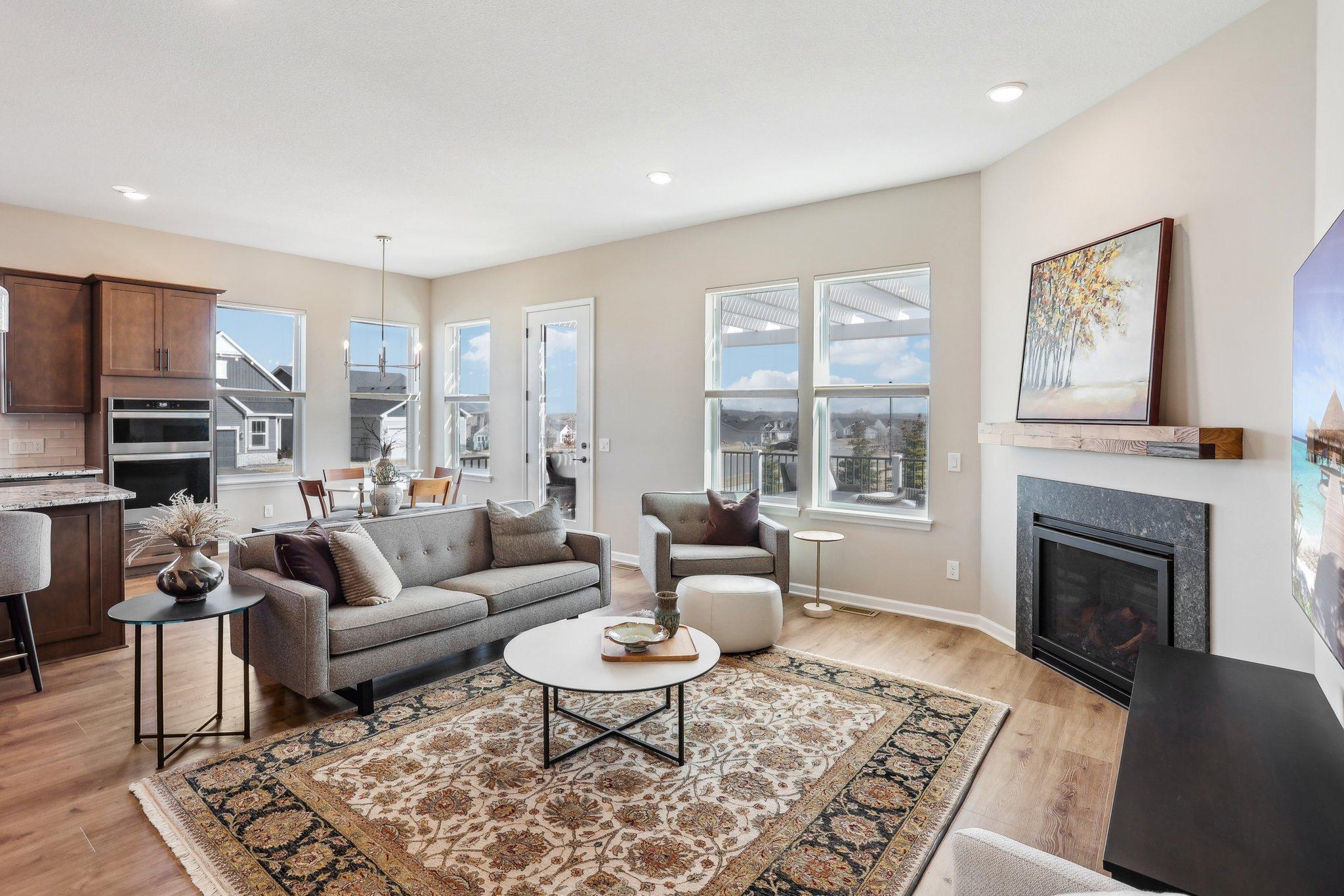 The open-concept design allows the living space to flow effortlessly from the kitchen.