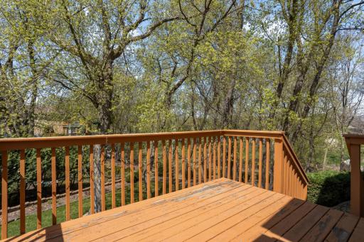 Secluded deck setting surrounded by trees with stairs leading to yard.