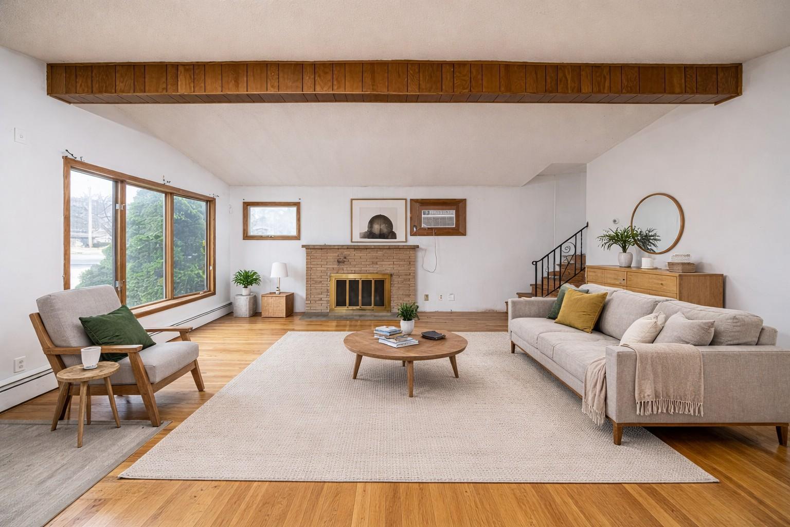 Bright, inviting living room. Virtually staged photo