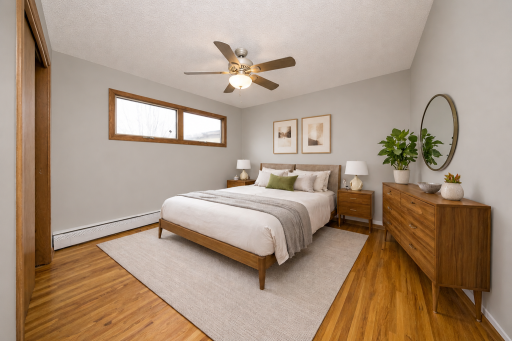 First bedroom on the upper level. Virtually staged photo