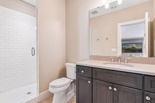 The lower level 3/4 bath has a large vanity and a tiled shower