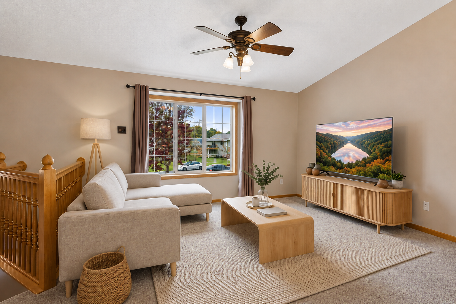 Bright and inviting upper-level living room featuring vaulted ceilings, oversized windows with beautiful natural light, and a comfortable layout perfect for relaxing or gathering with family and friends. *Virtually staged to show design options.