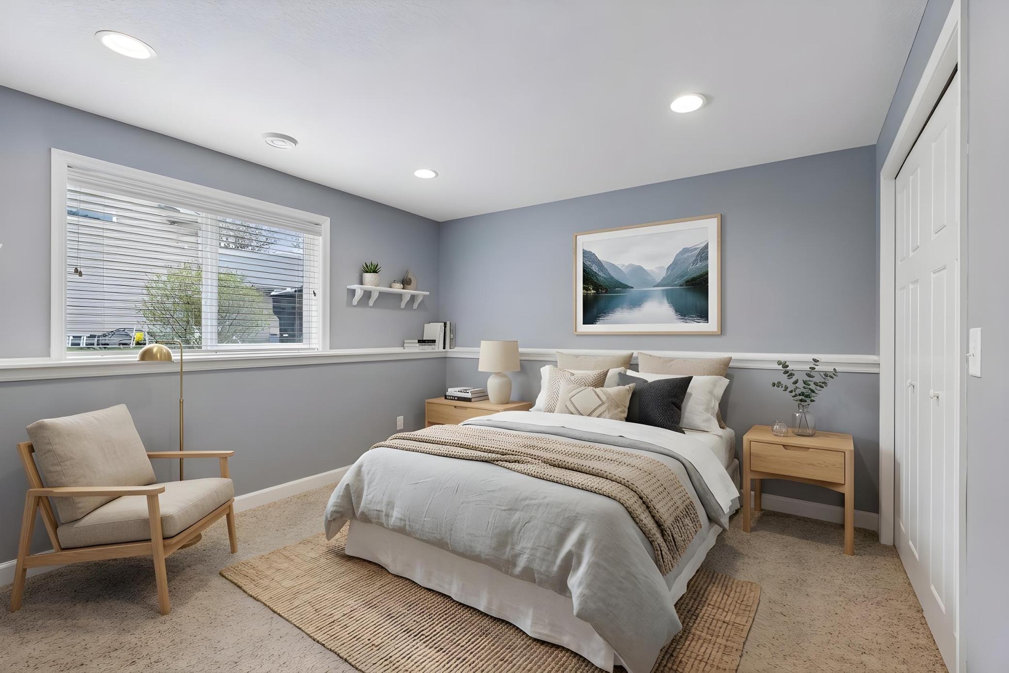 Comfortable and versatile lower-level bedroom with recessed lighting, generous closet space, and flexibility to function as a guest room, private office, workout space, or hobby room. *Virtually staged to show design options.