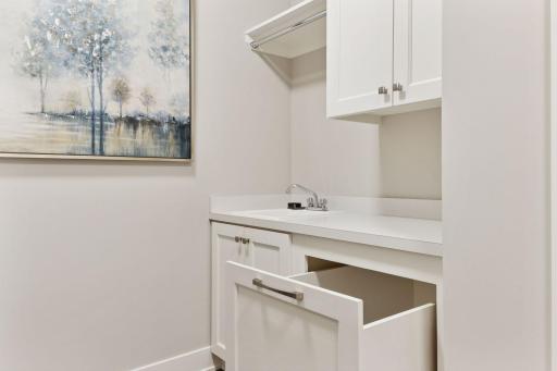 A handy roll through laundry cabinet from the primary closet to the laundry room