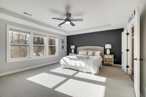 Impressive primary suite boasts a tray vault ceiling, large windows, walk-in closet and full private bath