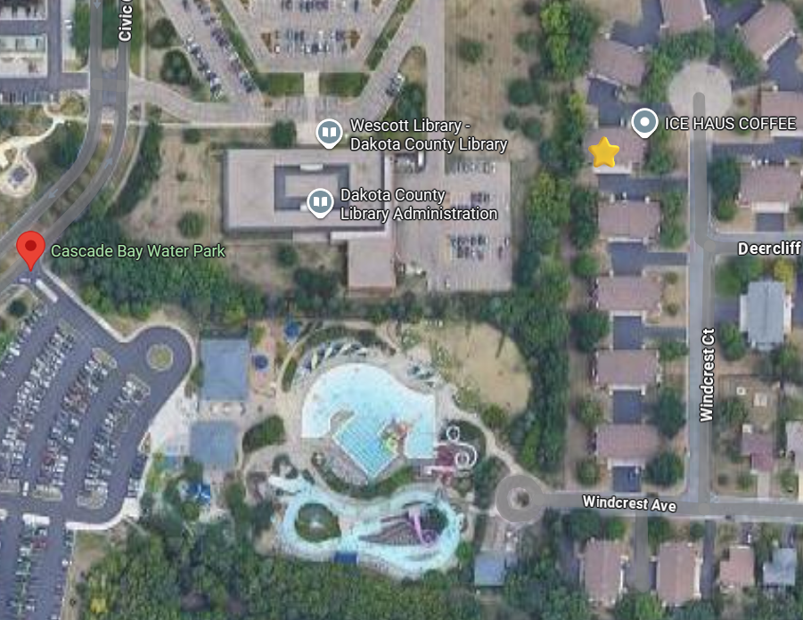 Drone photo Cascade Bay Water Park and Library close to Townhome