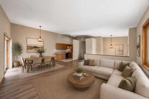 Virtually staged living room and dining area
