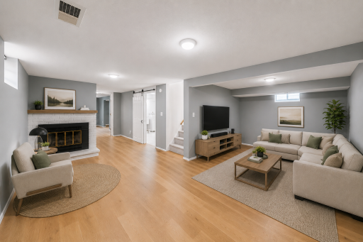 Virtually staged basement with wood burning fireplace