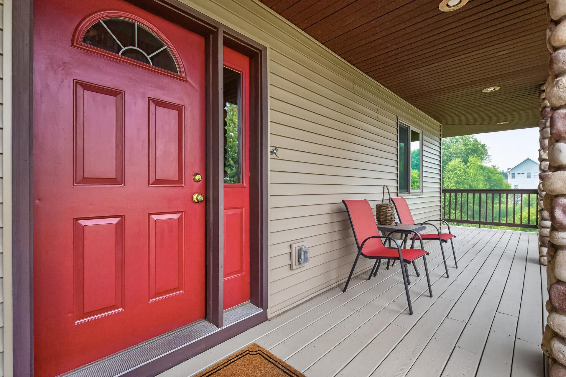 You have an L shaped wrap around porch on the front of home to sit and enjoy the views.