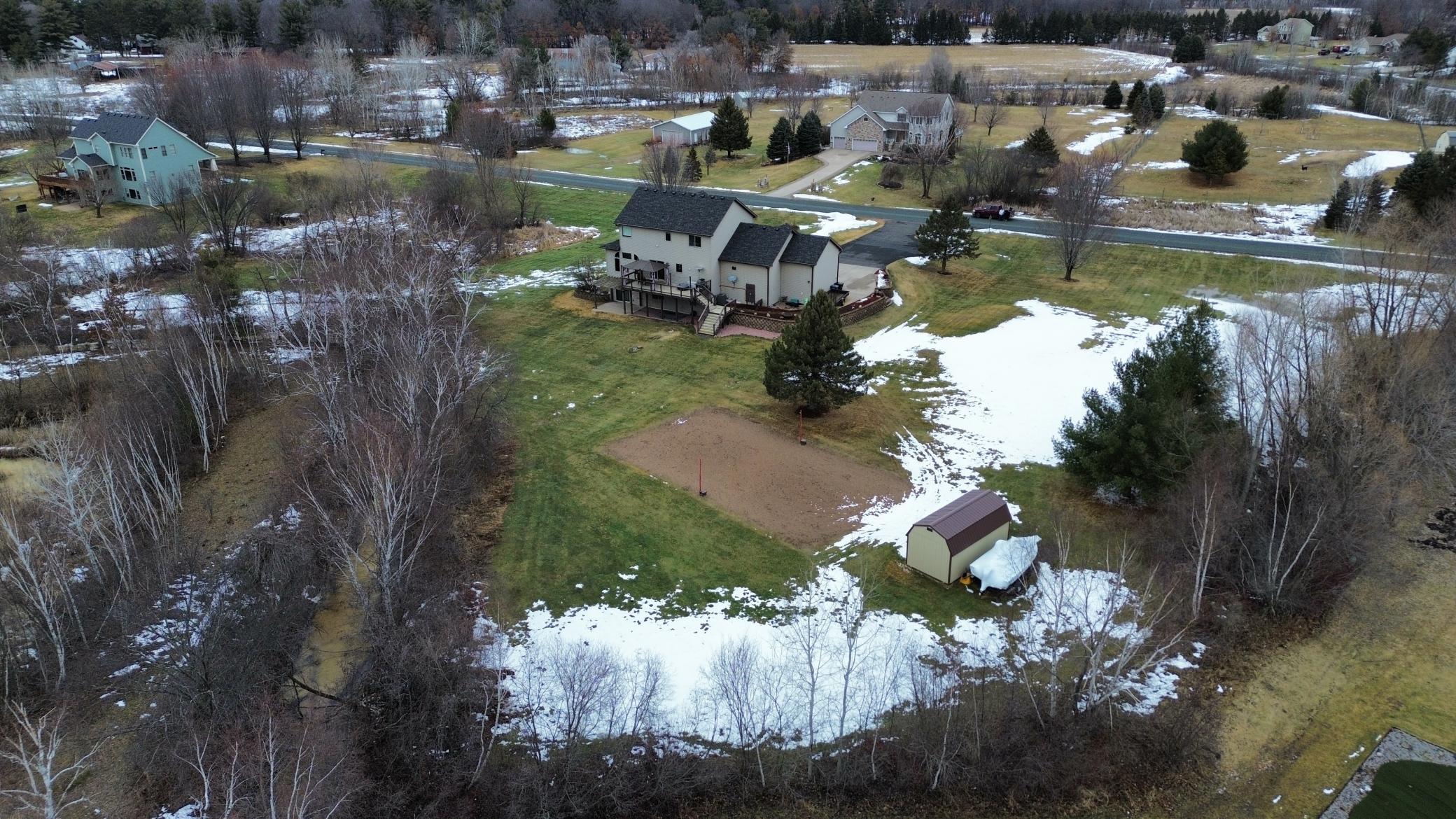 Location of shed and volleyball court.