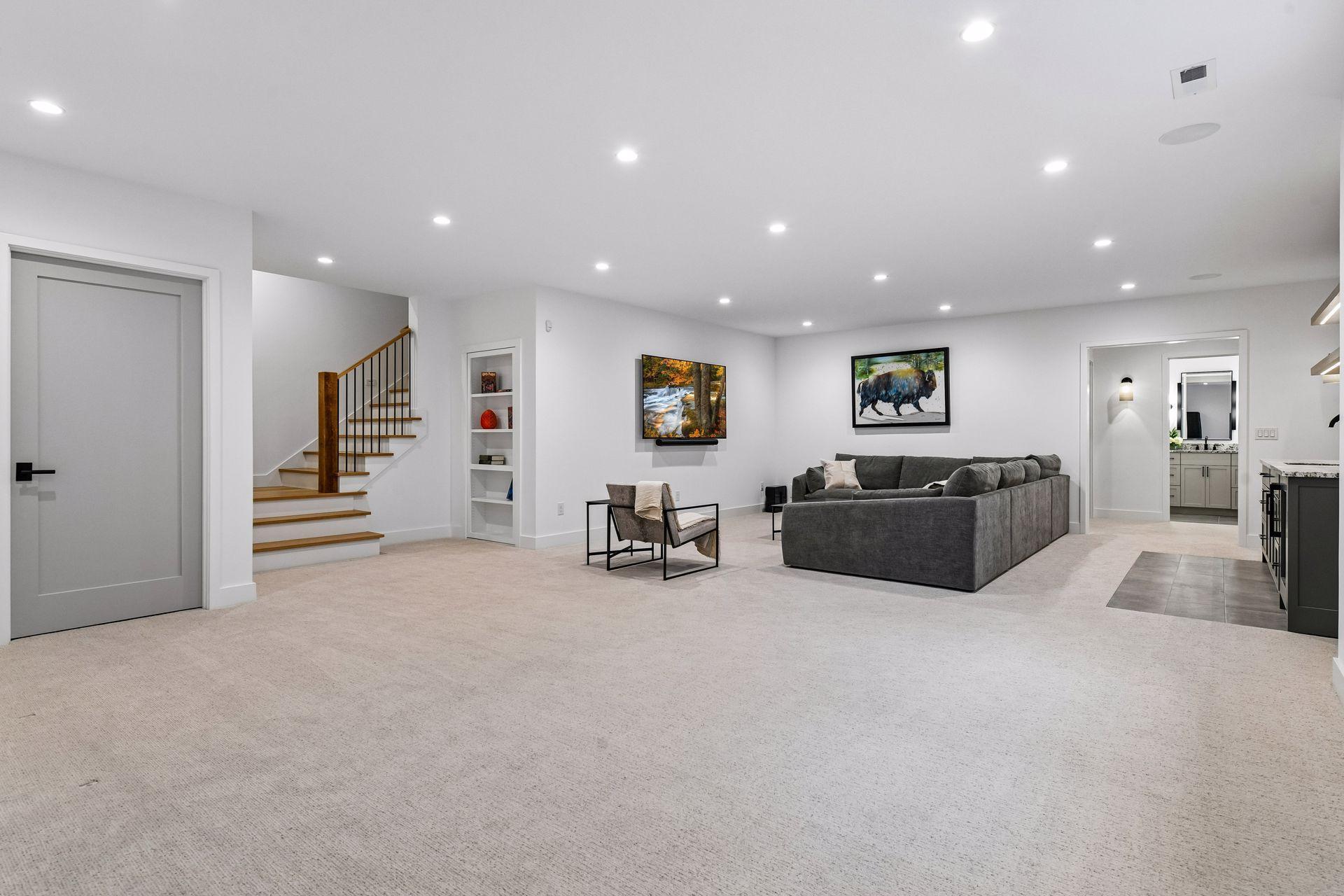 Large basement ready for large gatherings and enough space for a pool or ping pong table.