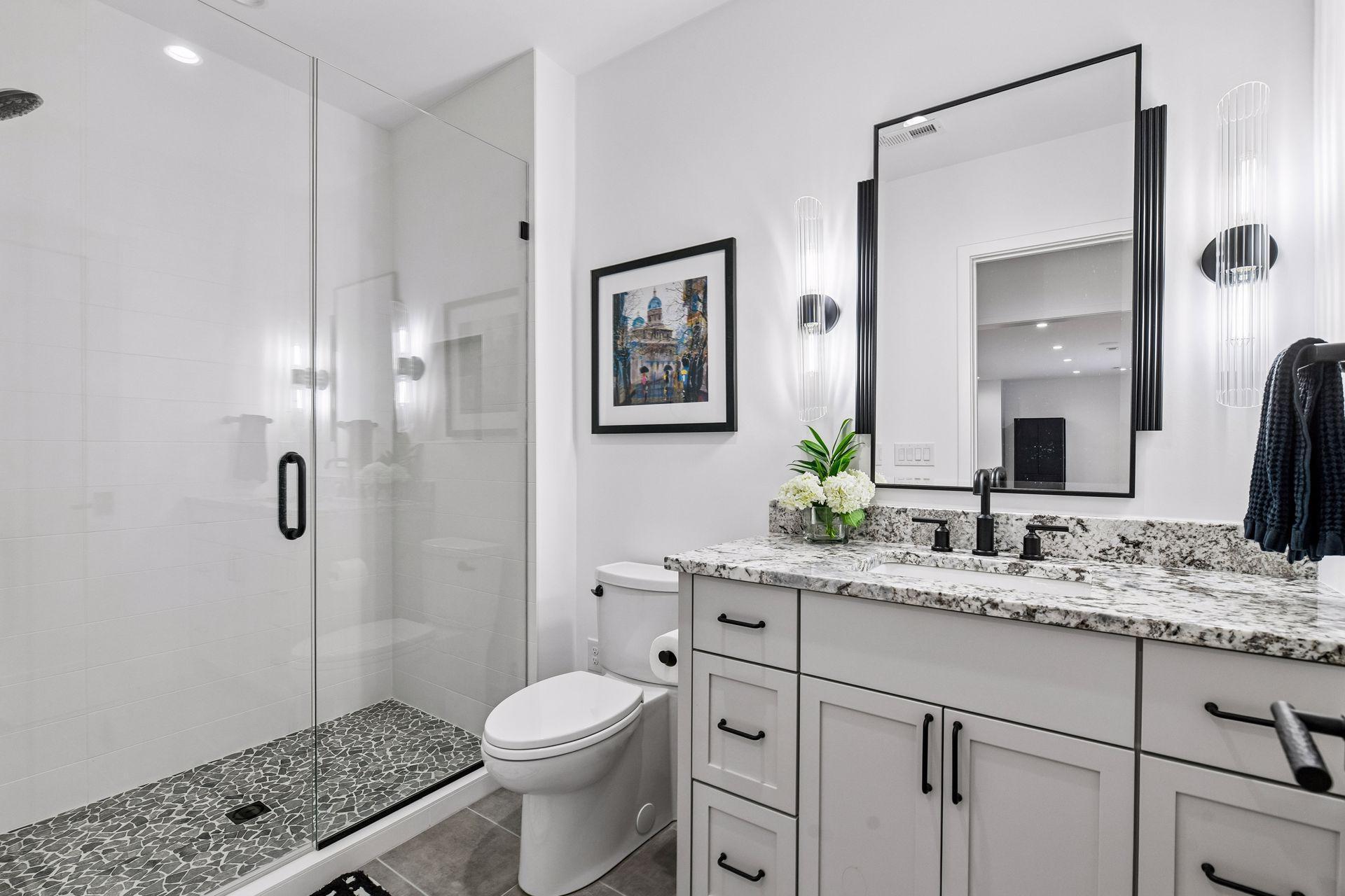 The bathroom is perfect for guests staying the night or enjoying the game.