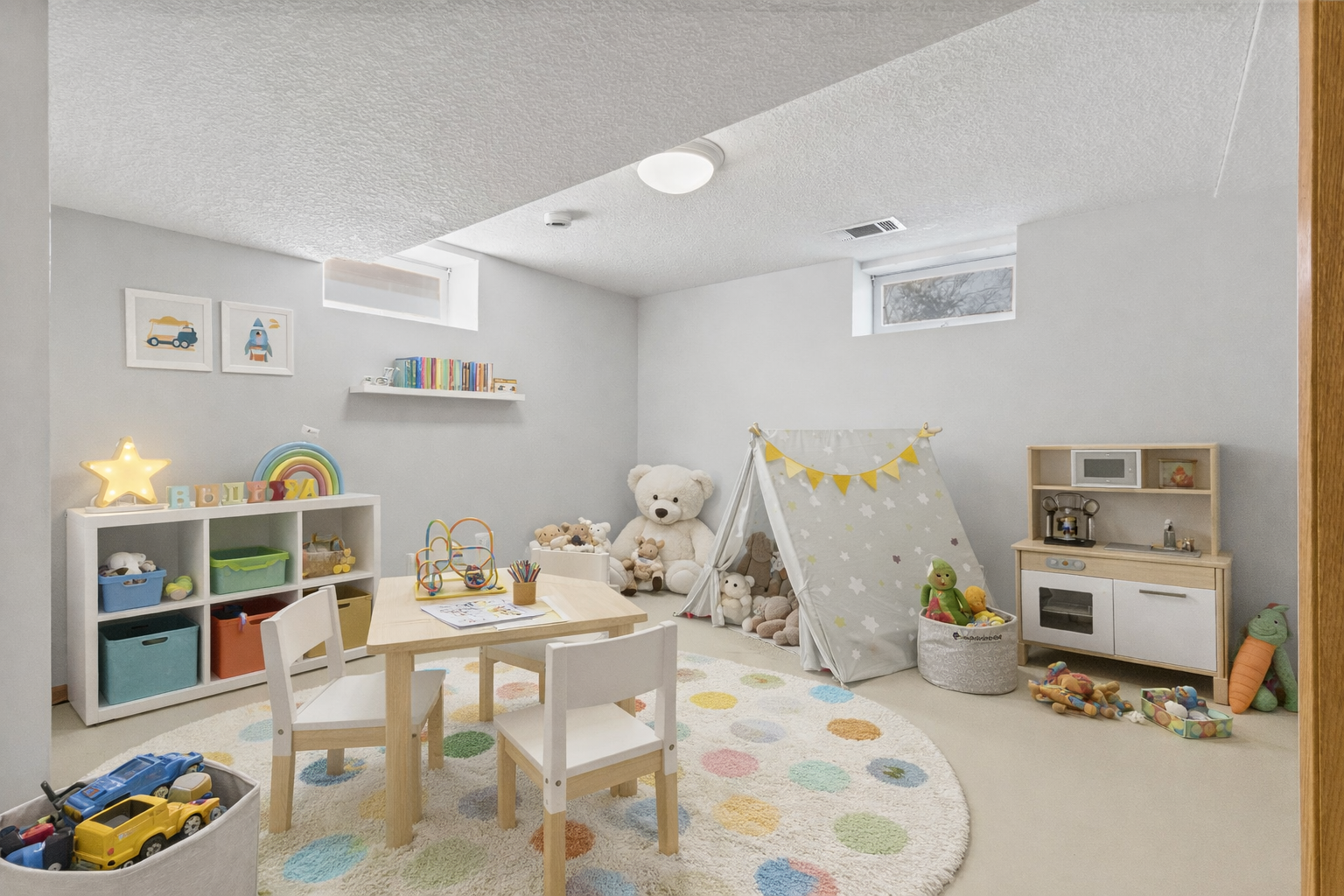 Playroom or bonus space with a bright, inviting setup and room to grow