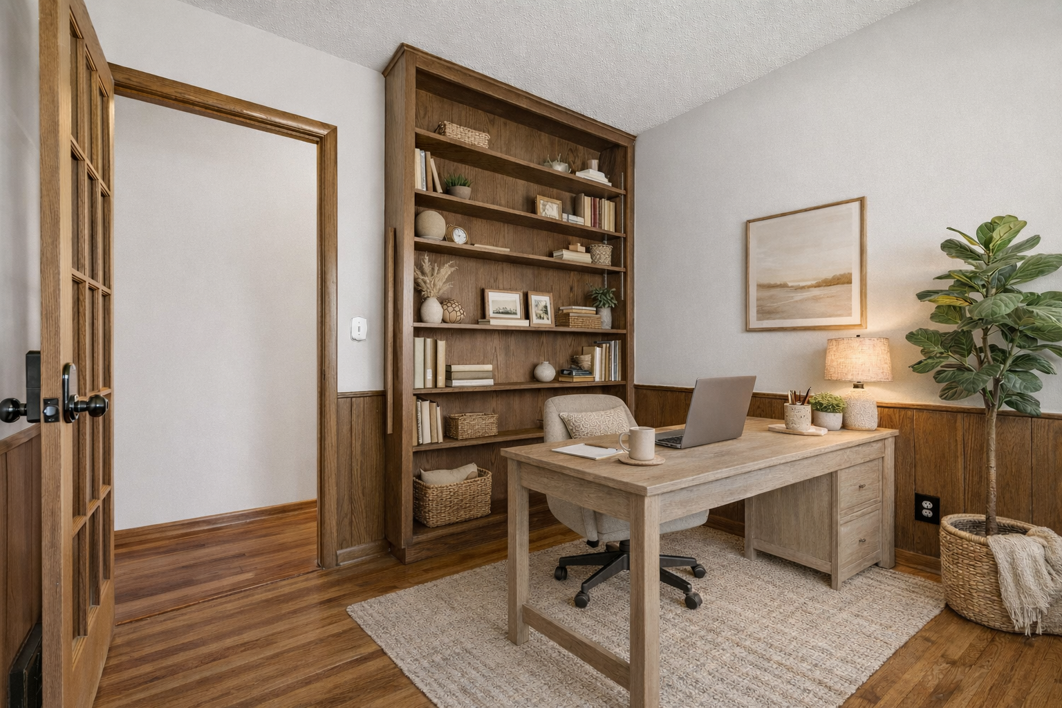Home office or flex space featuring built-in shelving and a functional layout for work or study. *Virtually Staged*