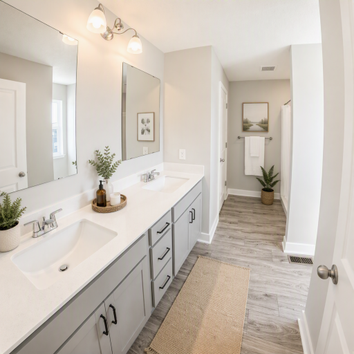 The primary en-suite bathroom includes dual sinks on a gorgeous quartz vanity top, a walk-in shower, and a linen closet sure to fit all your bathroom essentials.