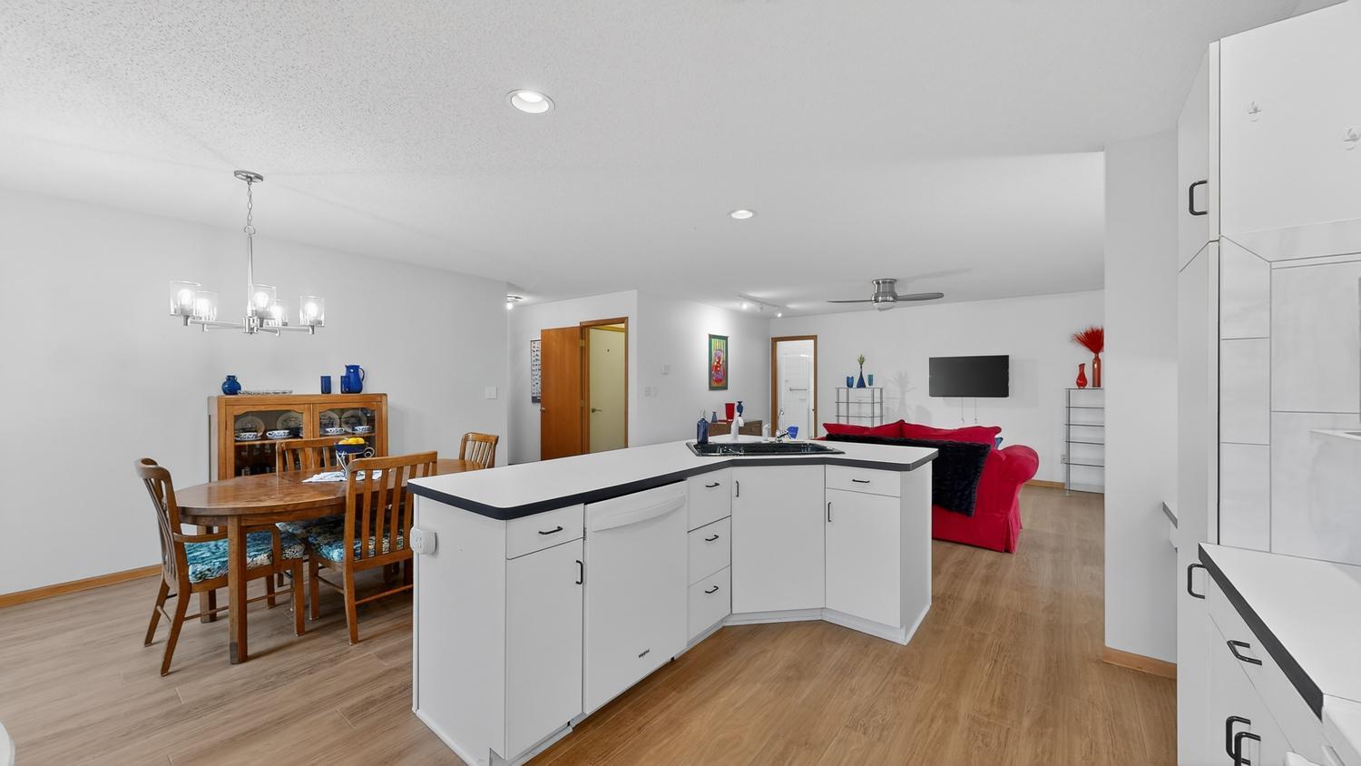 Kitchen, dining area, living room