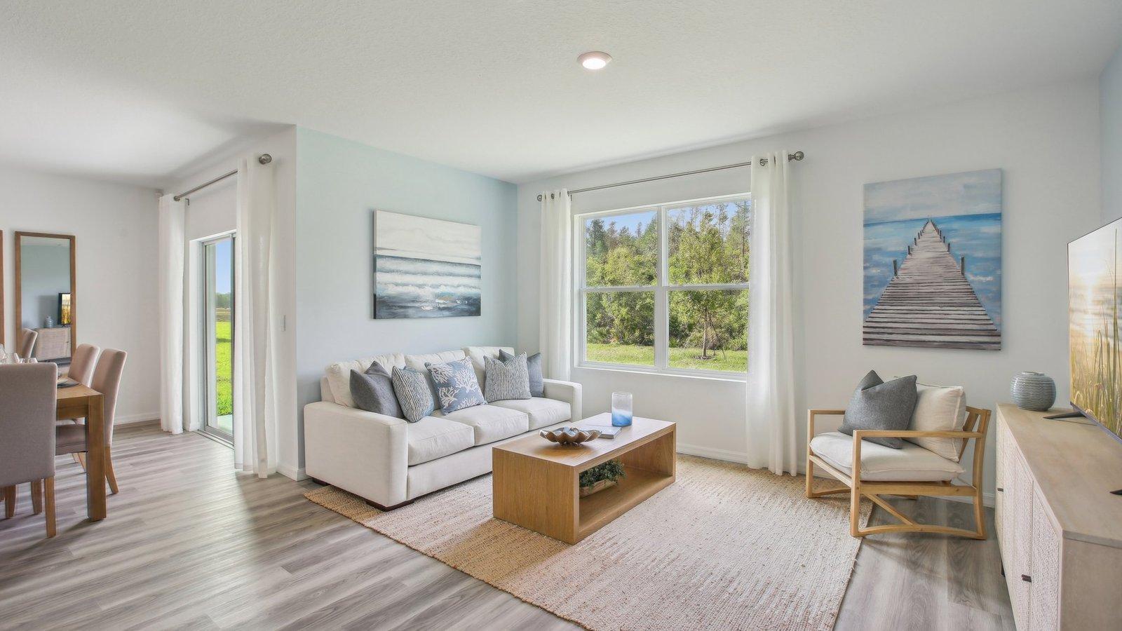 Family room. Actual home will also include a corner, gas fireplace.