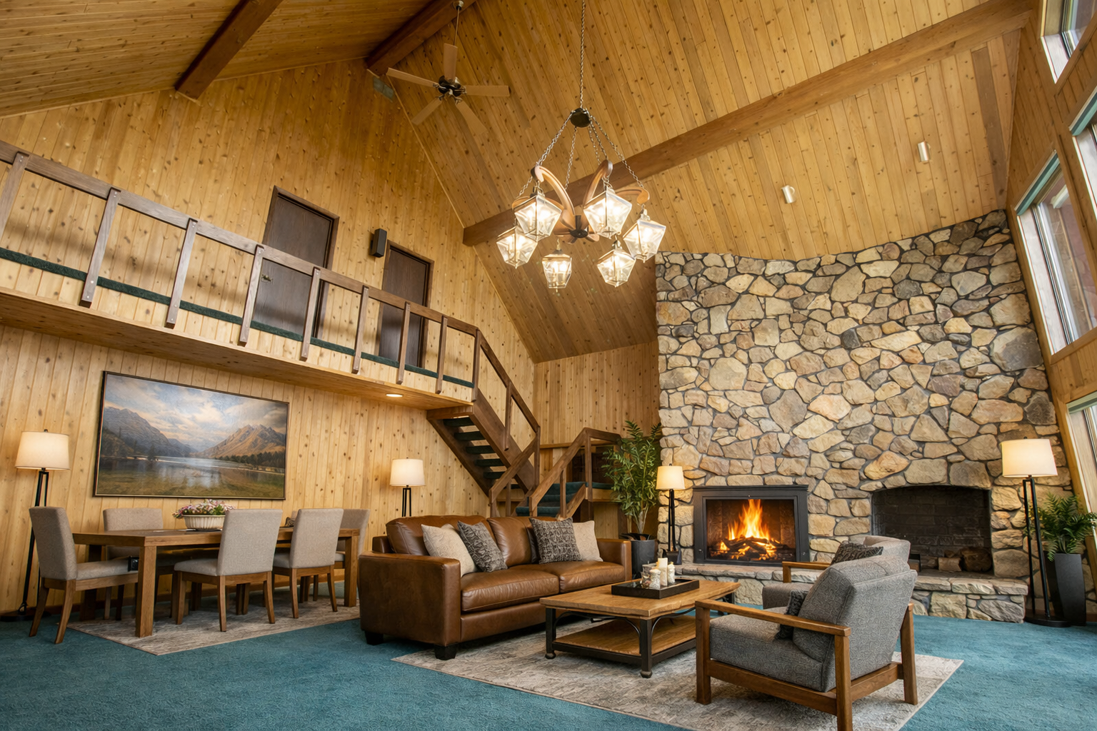 Great room. Upper-level loft overlooks the serene lake setting, with doors leading to two bedrooms featuring vaulted ceilings. Virtually staged.